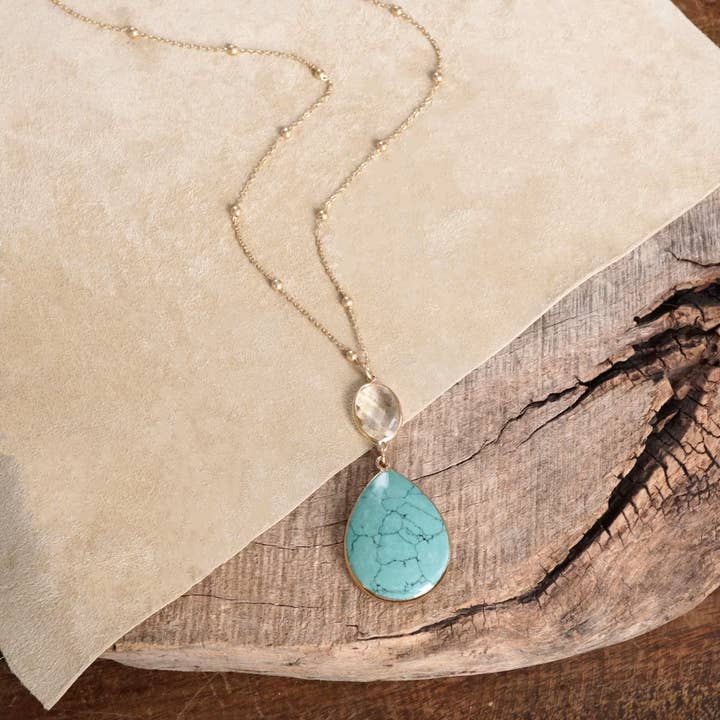 PennyLine inc - Wholesale Pendant/Charm Necklace - Boho Minimal Long Necklace with Teardrop Natural Stone Pendant – Worn Gold Tone