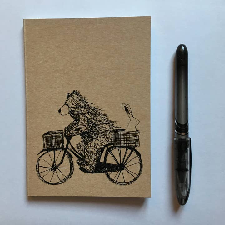 Bear on a Bike Eco Jotter - A6 plain notebook / notepad for wholesale by Catherine Redgate: Illustrator