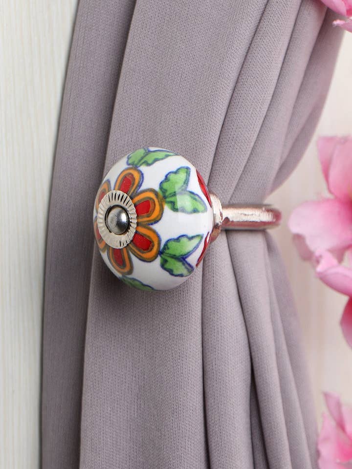 Unique White Design Decorative Ceramic Flower Curtain Tie Back Hook Rustic Bathroom Towel Hook Antique Hook (Set of 2) for wholesale by KNOBCO