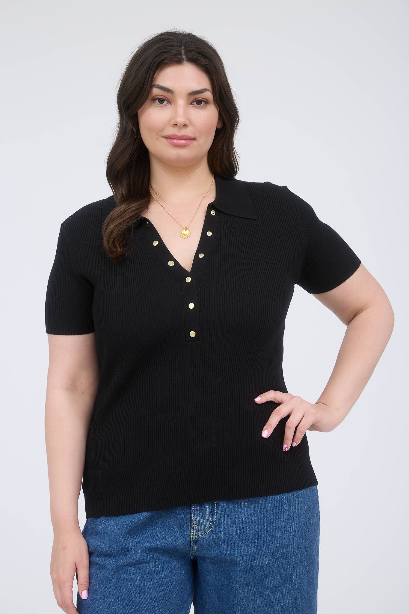 The Workshop Studio - Wholesale Knit Top - Women's - PLUS GOLD SNAP BUTTON SWEATER KNIT POLO8