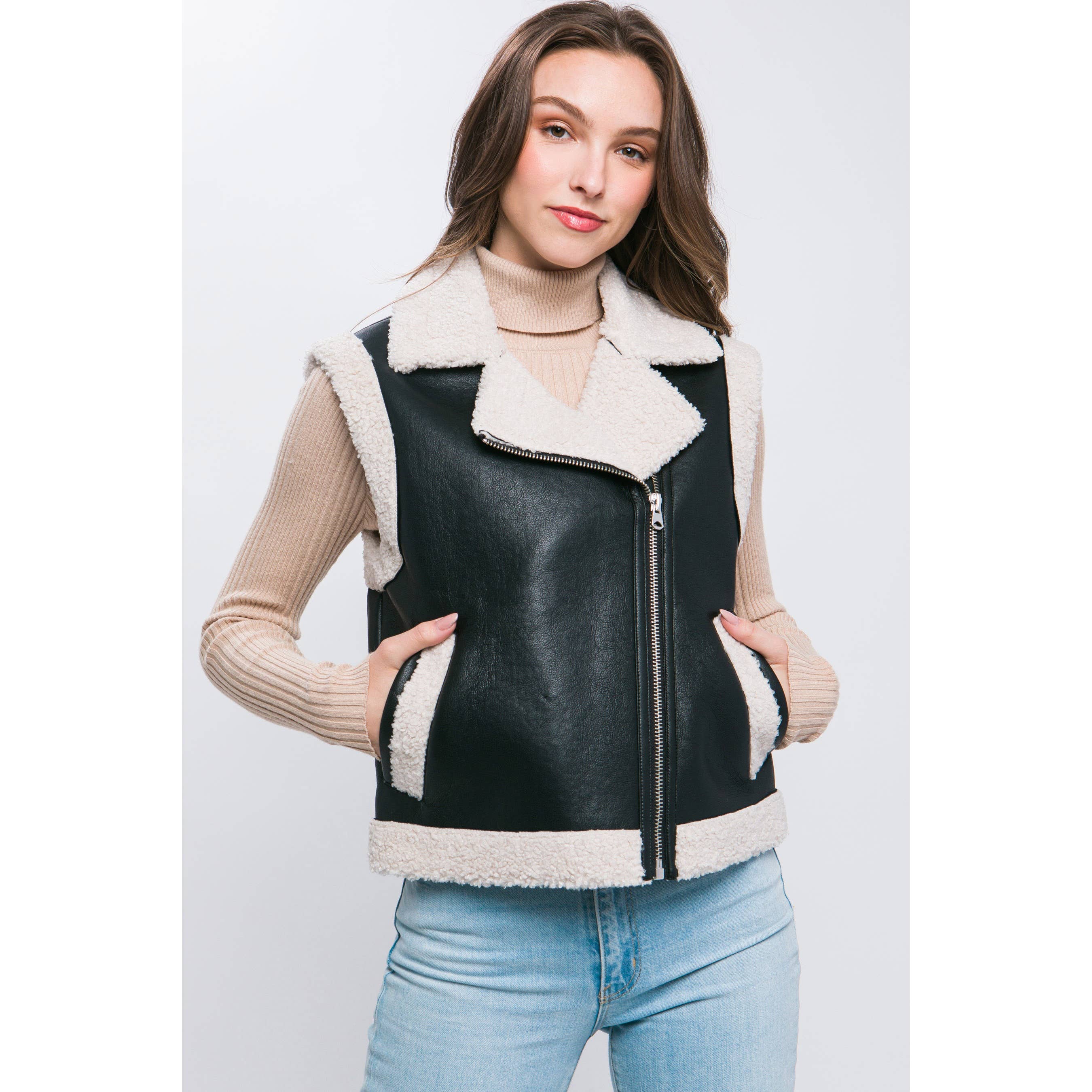 HiteJeans – wholesale Väst - Dam – PU Faux Läder Sherpa Trim Vest0