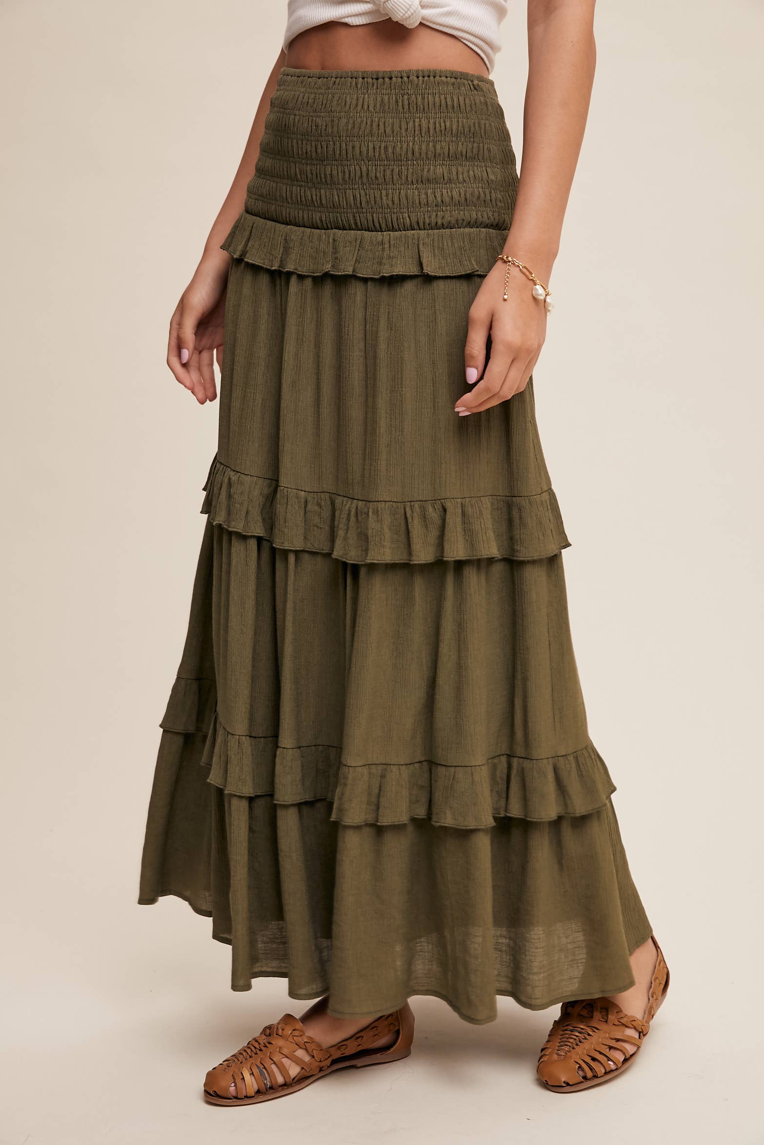 Listicle - Wholesale Skirt - Women's - 2-Way Smocked Ruffle Tiered Midi Dress or Skirt26