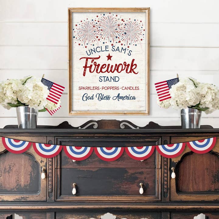 Uncle Sam's Firework Stand Fourth of July Art Print for wholesale by Paper House Print Shop