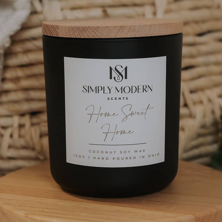Home Sweet Home | Black | Wood-Wick Coconut Soy Wax Candle for wholesale by Simply Modern Scents