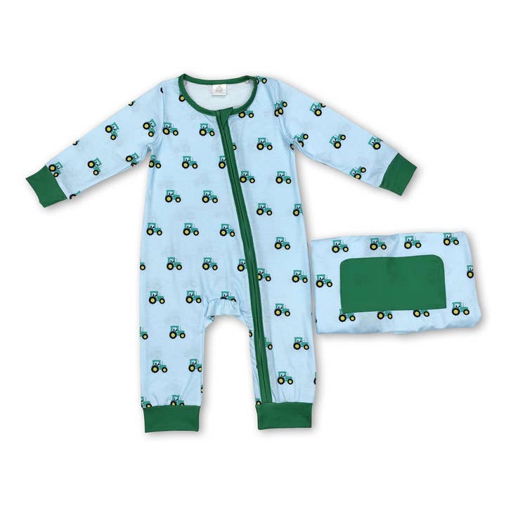 Long sleeves green tractor boy bamboo zipper farm romper for wholesale by Yawoo Garments