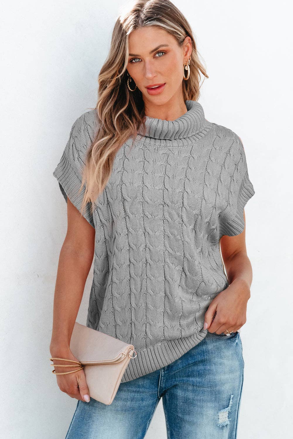 FASHION BLVD - Wholesale Knit Sweater - Women's - FB Cable Knit Turtleneck Batwing Short Sleeve Sweater