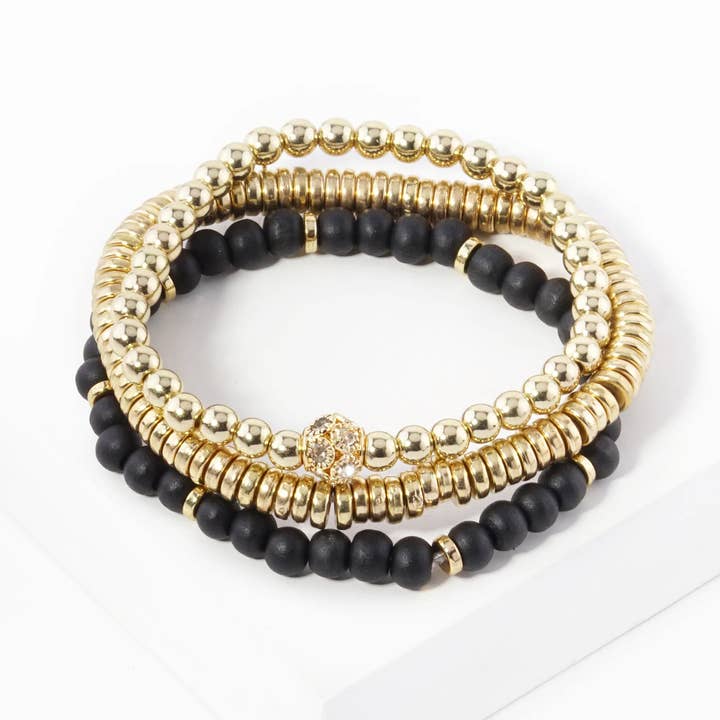 Wild Honey - Wholesale Jewelry Set - Set Of 3 Wood And Metallic Bead Stackable Stretch Bracelet6