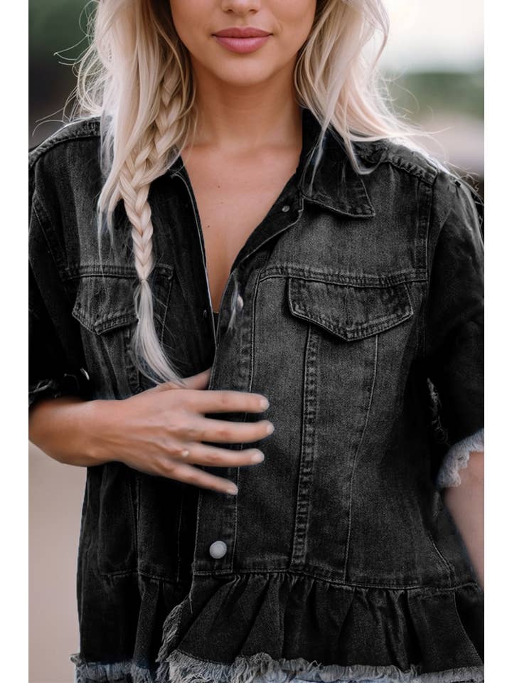 Aapparella - Wholesale Denim Jacket - Women's - Women Raw Edge Ruffled Short Sleeve Denim Jacket | S-XL