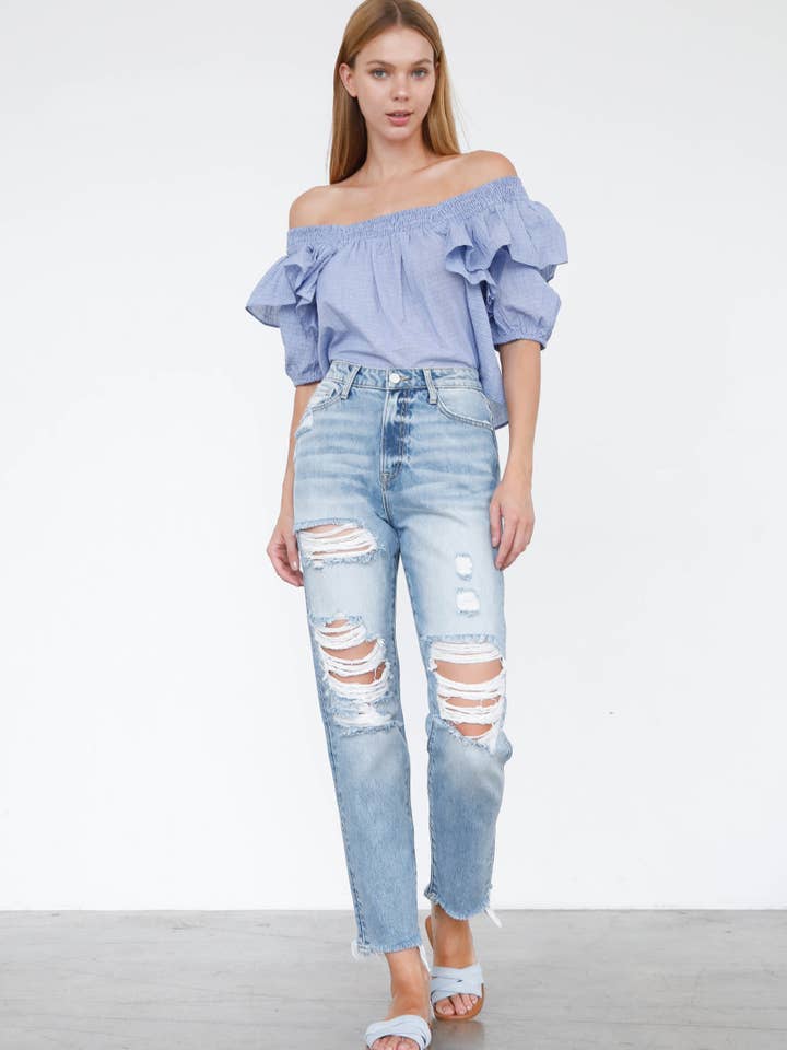 High Rise Ripped Raw Hem Mom Jeans for wholesale by Insane Gene USA