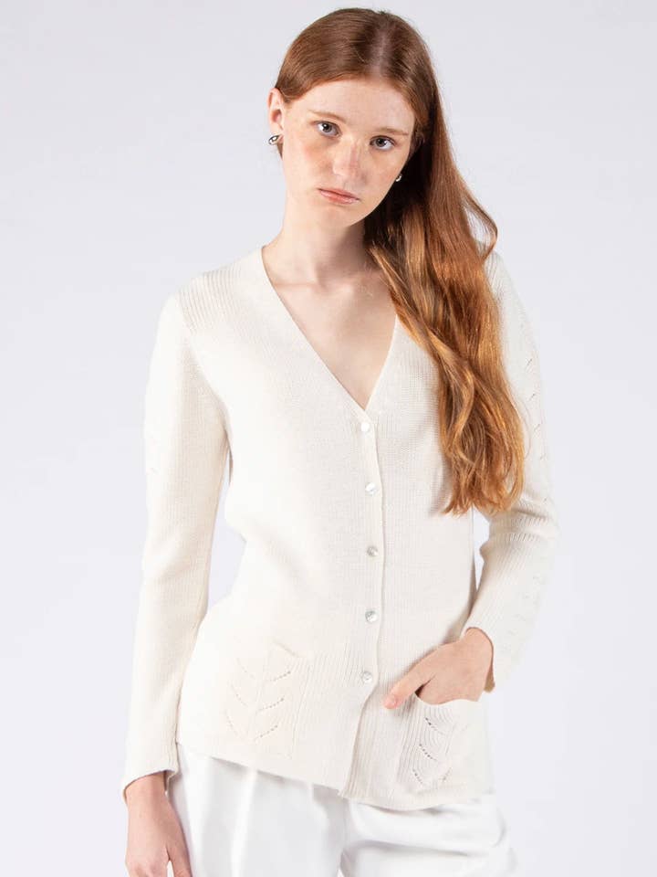 V-Neck Herringbone Coat with Pockets in Merino Wool - Pearl White for wholesale by Achega Knitwear