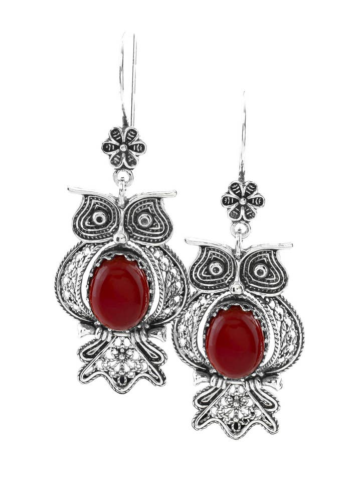 Filigree Art Owl Design Carnelian Gemstone Women Dangle Drop Silver Earrings for wholesale by Filigranist Jewelry