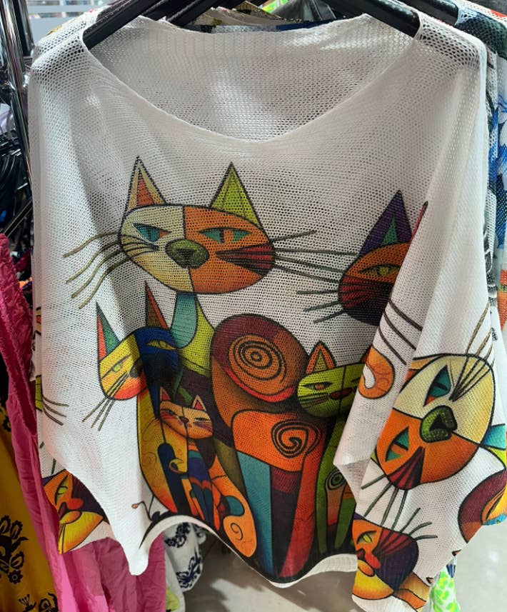 LOOWIE - Vente Pull en maille – femme - Pull imprimé à col rond avec chats multicolores CCAT3