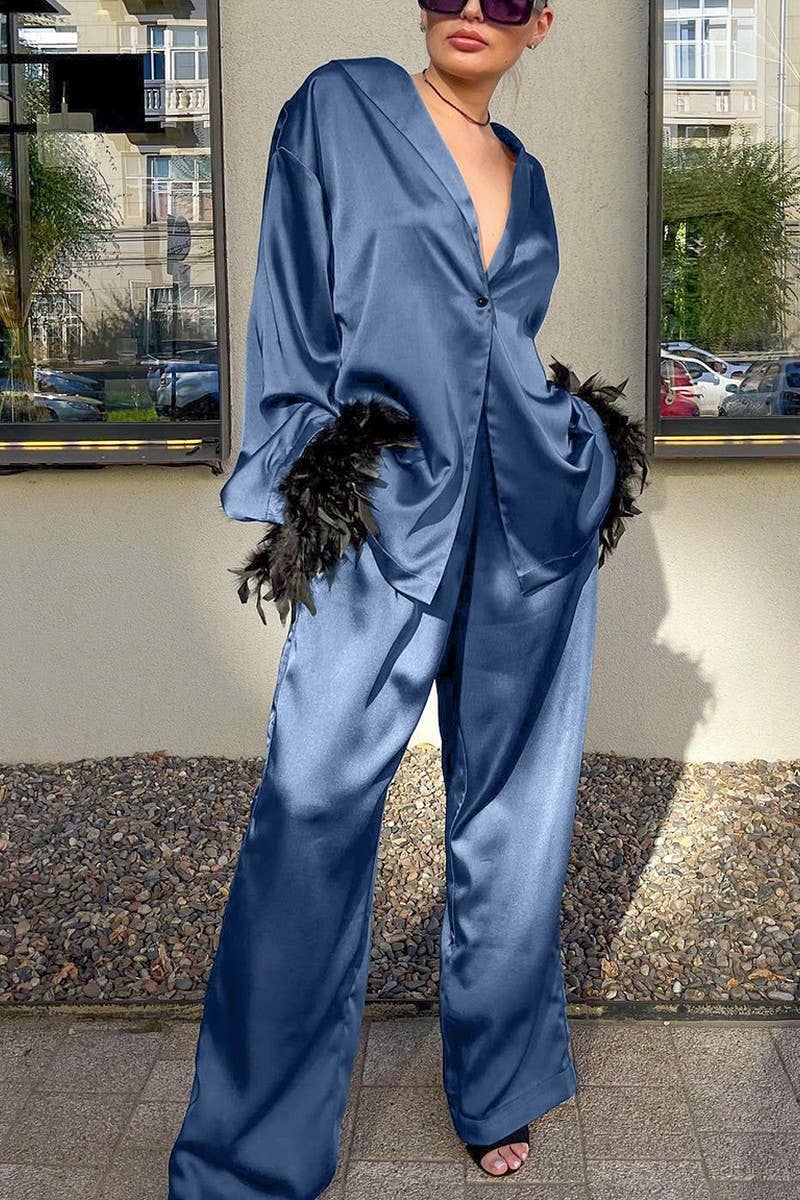 BLUE CWSPJ0165_SOLID COLOR FEATHER SATIN HOME WEAR SET for wholesale on Faire
