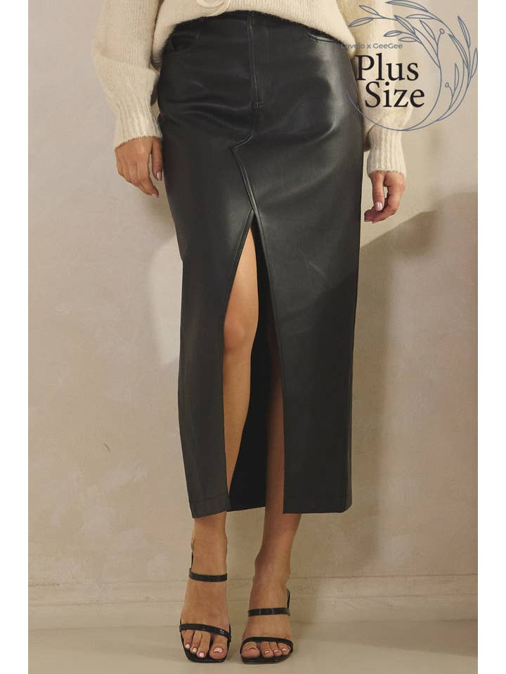 GeeGee x Lovelo - Wholesale Skirt - Women's - Plus Faux Leather Midi Skirt MS50582PL11