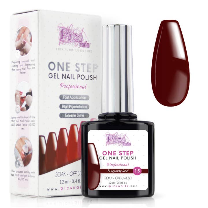 One Step Burgundy Red Semipermanent Nail Polish 15 - 12 ml | Semipermanent 3in1 UV/LED Ultra Glossy for wholesale by Pics Nails