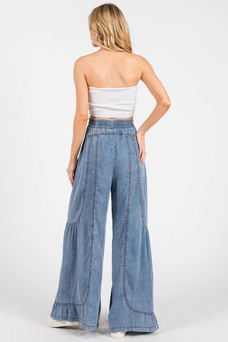 DENIM MINERAL WASHED WESTERN WIDE LEG PALAZZO CHAMBRAY PANTS for wholesale on Faire4