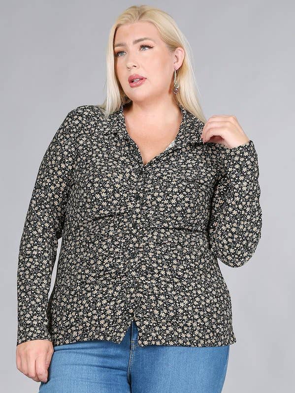 Plus Size Top Floral Ditsy Button Down Knit SS2310P-T for wholesale by Haute Fox Plus Size & Contemporary