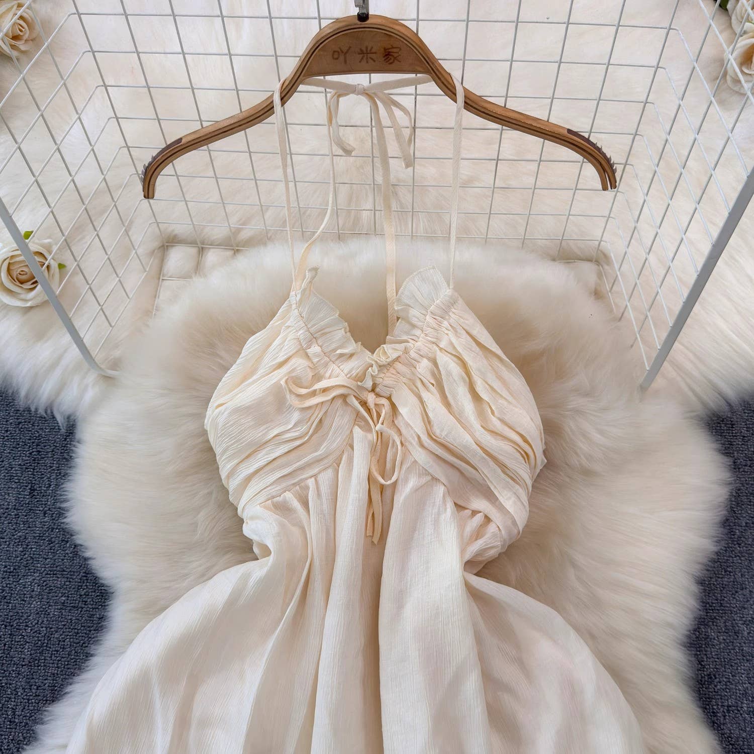 beige BOHO Beach Resort ruffle halter large swing flare maxi dress for wholesale on Faire4