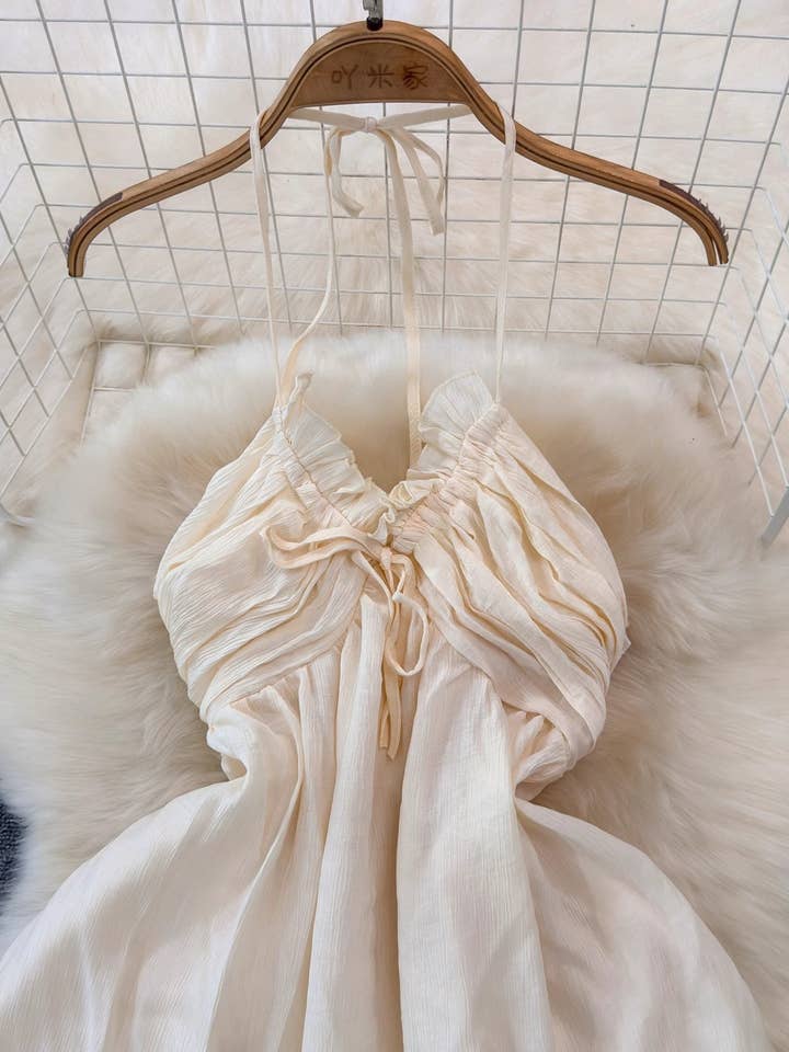 beige BOHO Beach Resort ruffle halter large swing flare maxi dress for wholesale on Faire4