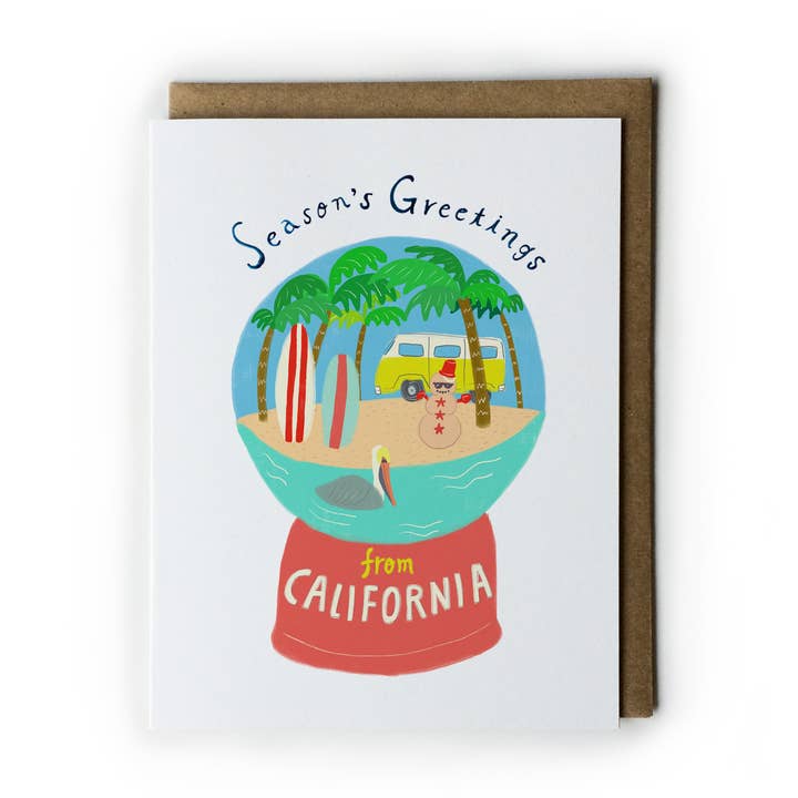Southern California Snow Globe Holiday Greeting Card for wholesale by Honeyberry Studios