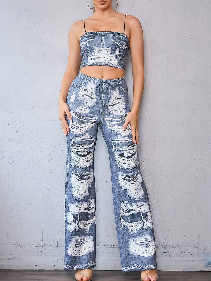 BP2726-SET_SET AUS CROP-TOP UND BREITER HOSE MIT DENIM-PRINT für den Großhandel von Her Bottari