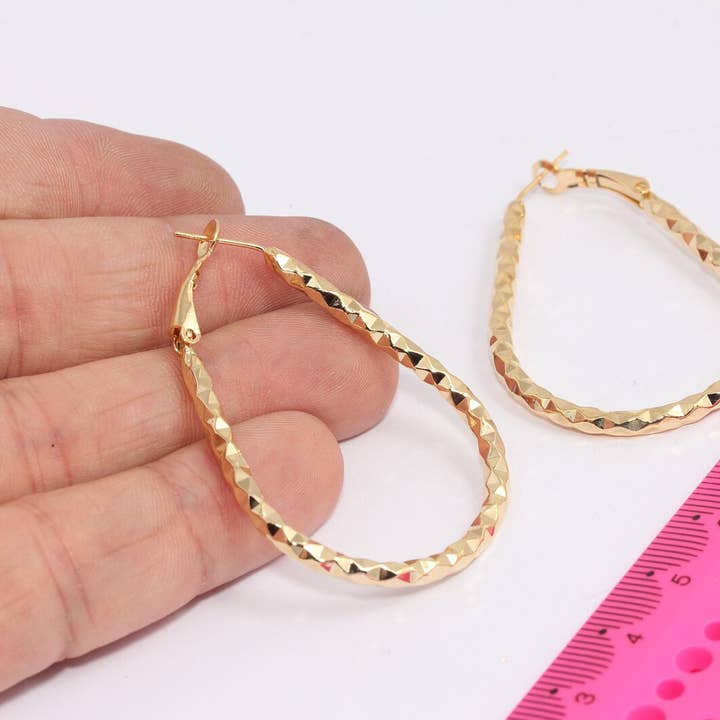 35x53mm Shiny Gold Hammered Teardrop Hoop Earrings, CHK603 for wholesale by QueenJewelryM