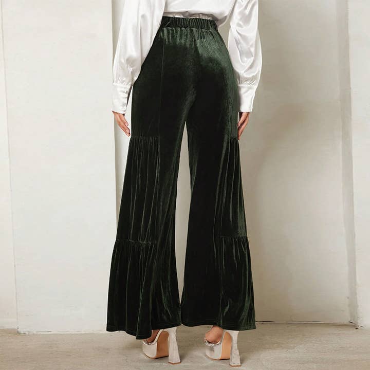Darkgreen Velvet Draped High-Waisted Straight-Leg Wide-Leg Pants for wholesale on Faire2
