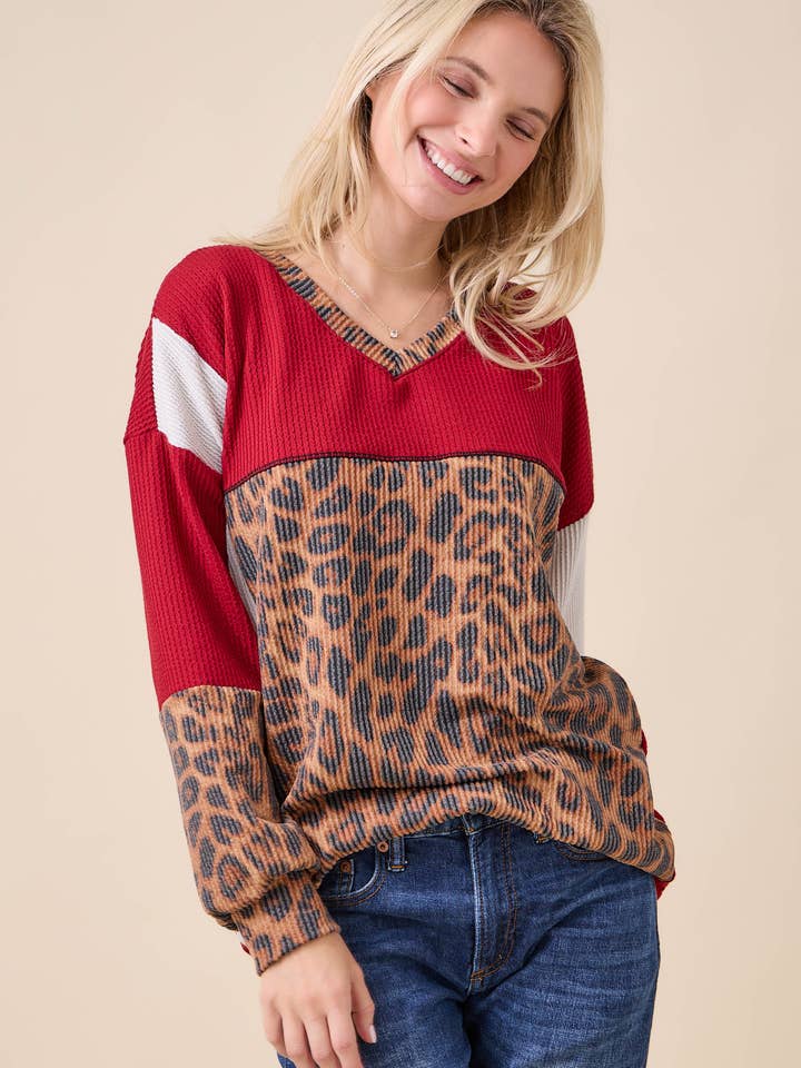 Celeste Clothing - Wholesale Knit Top - Women's - WOMEN'S RIB COLOR BLOCK ANIMAL PRINT LONG SLEEVE TOP20