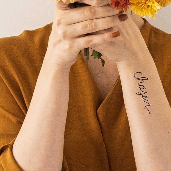 Chosen Calligraphy Temp Tattoo | Skin and Hat Tattoo Summer for wholesale by Words for a Season