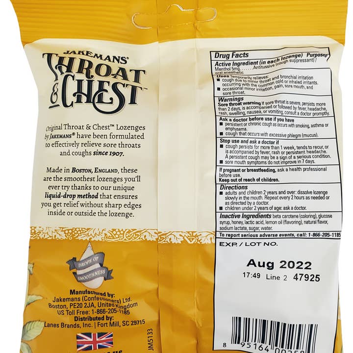 BT Remedies - Wholesale Lozenges/Cough Drops - Jakemans Throat & Chest Honey Lemon Lozenges Bag - 30 Ct1