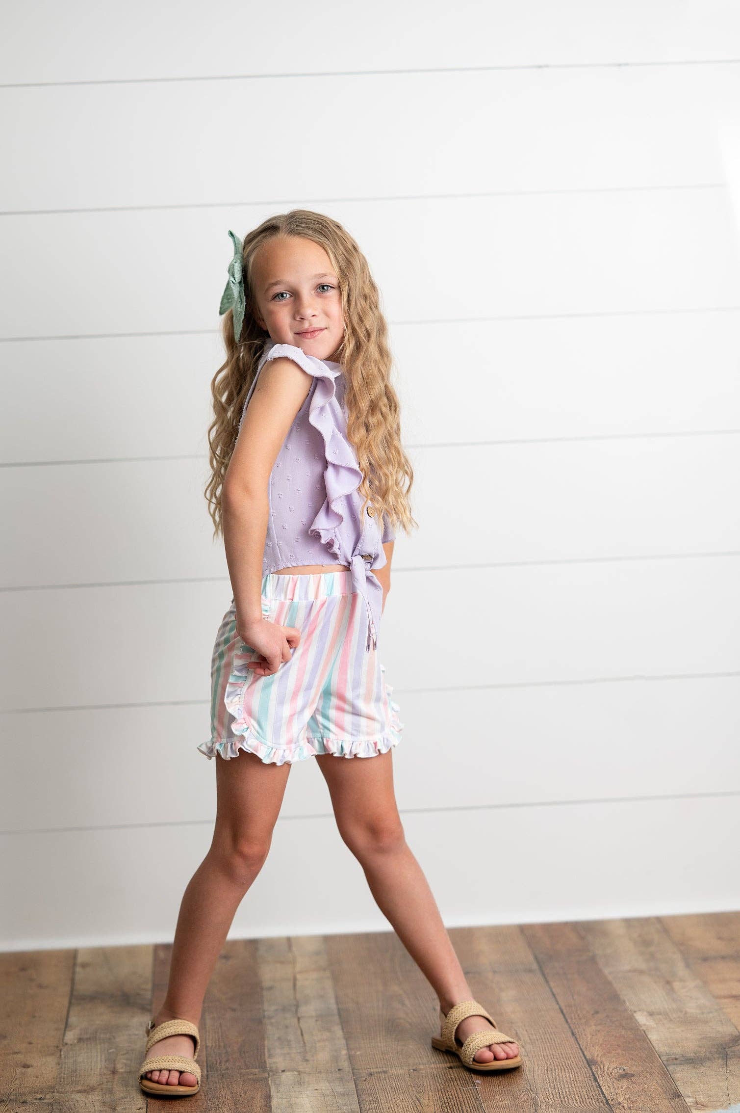 Wren & James - Wholesale Top & Short Set - Kids - Kids Lavender Ruffle Top & Pastel Stripe Spring Short Set2