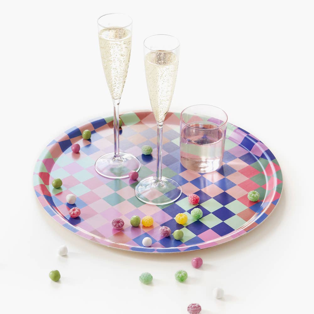 BLU KAT - Wholesale Serving Tray - Multicolor Checker Round Serving Tray - 38 cm2