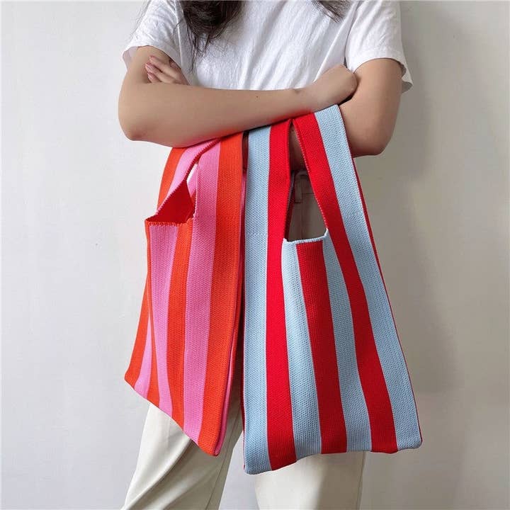 UZ Wholesale Store - Wholesale Tote bag – Women's - Contrast Color Striped Openning Knitted Handbag3