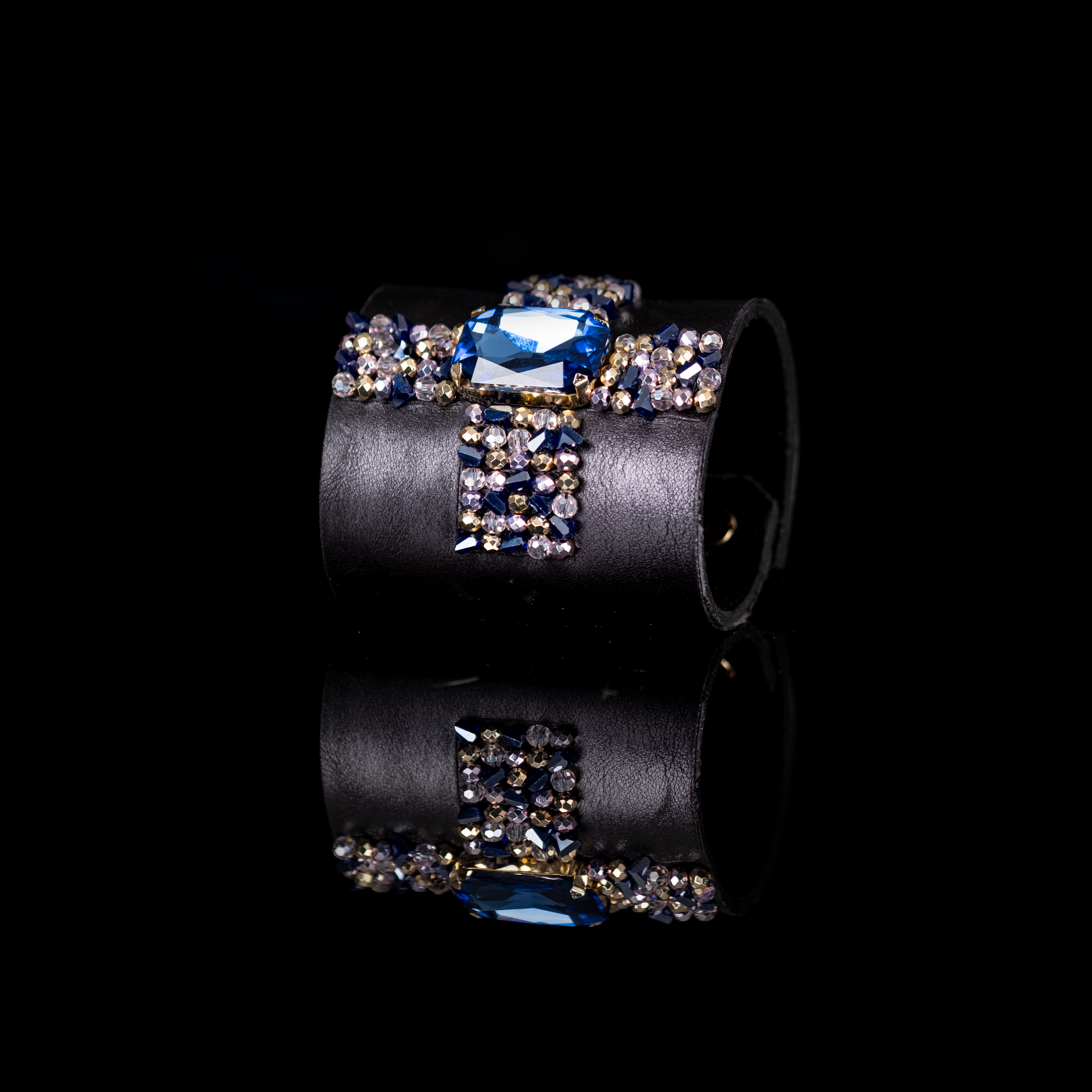 The Dark - Wholesale Cuff Bracelet - Crystal Ribbon Leather Cuff Bracelet Black & Sapphire Ice3