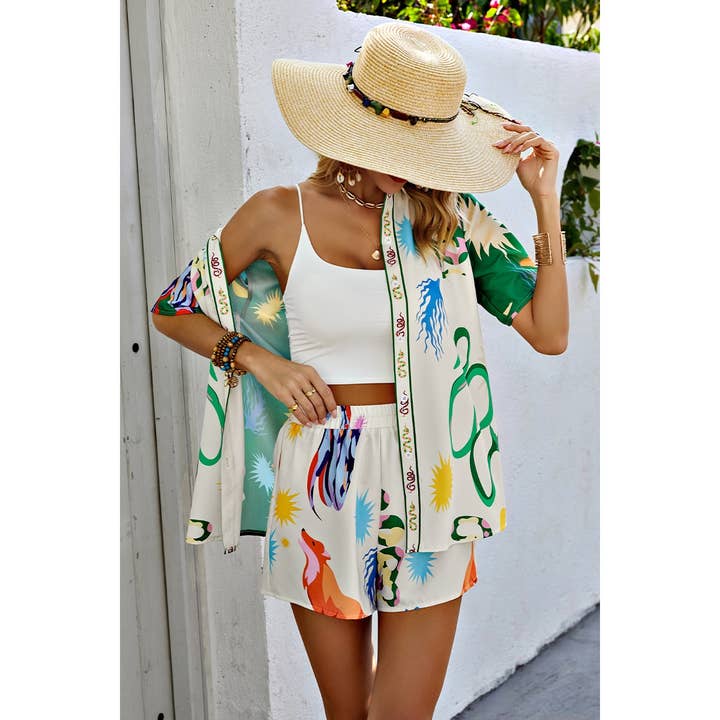 BEIGE GREEN Two Pieces Allover Print Elastic Waist Short Sets for wholesale on Faire