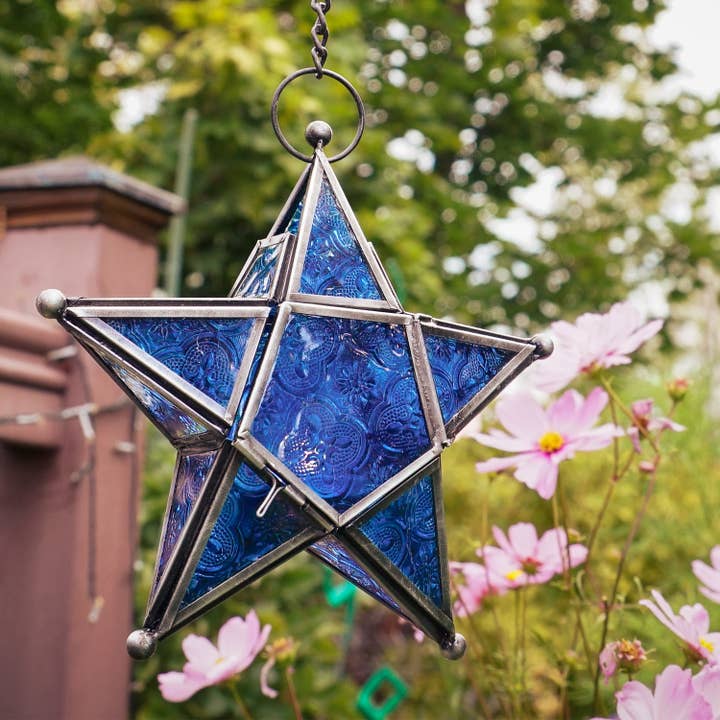 In the Breeze, LLC. - Wholesale Candle Holder - Blue 5-Point Star Hanging Tealight Lantern