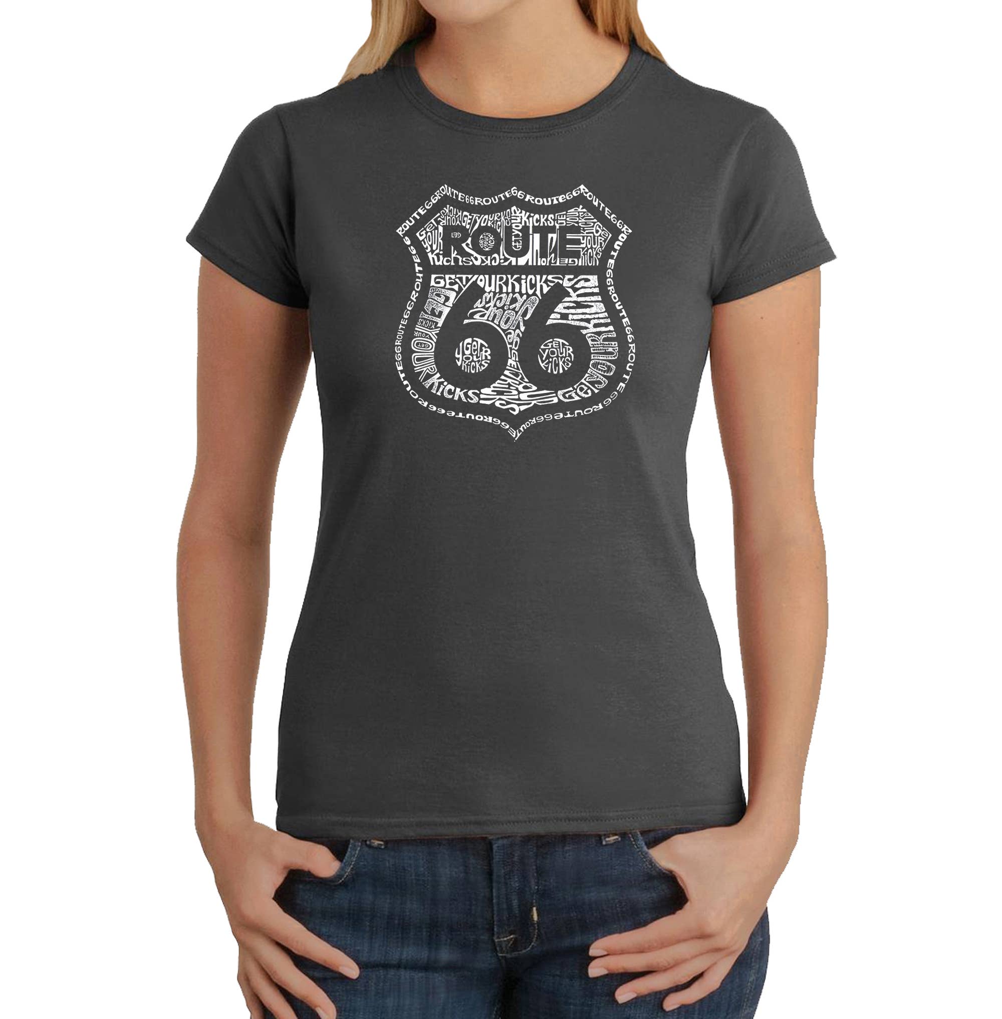 LA Pop Art - Wholesale Screen Printed T-Shirt - Women's - LA Pop Art Women's Word Art T-Shirt - Kicks on Route 665