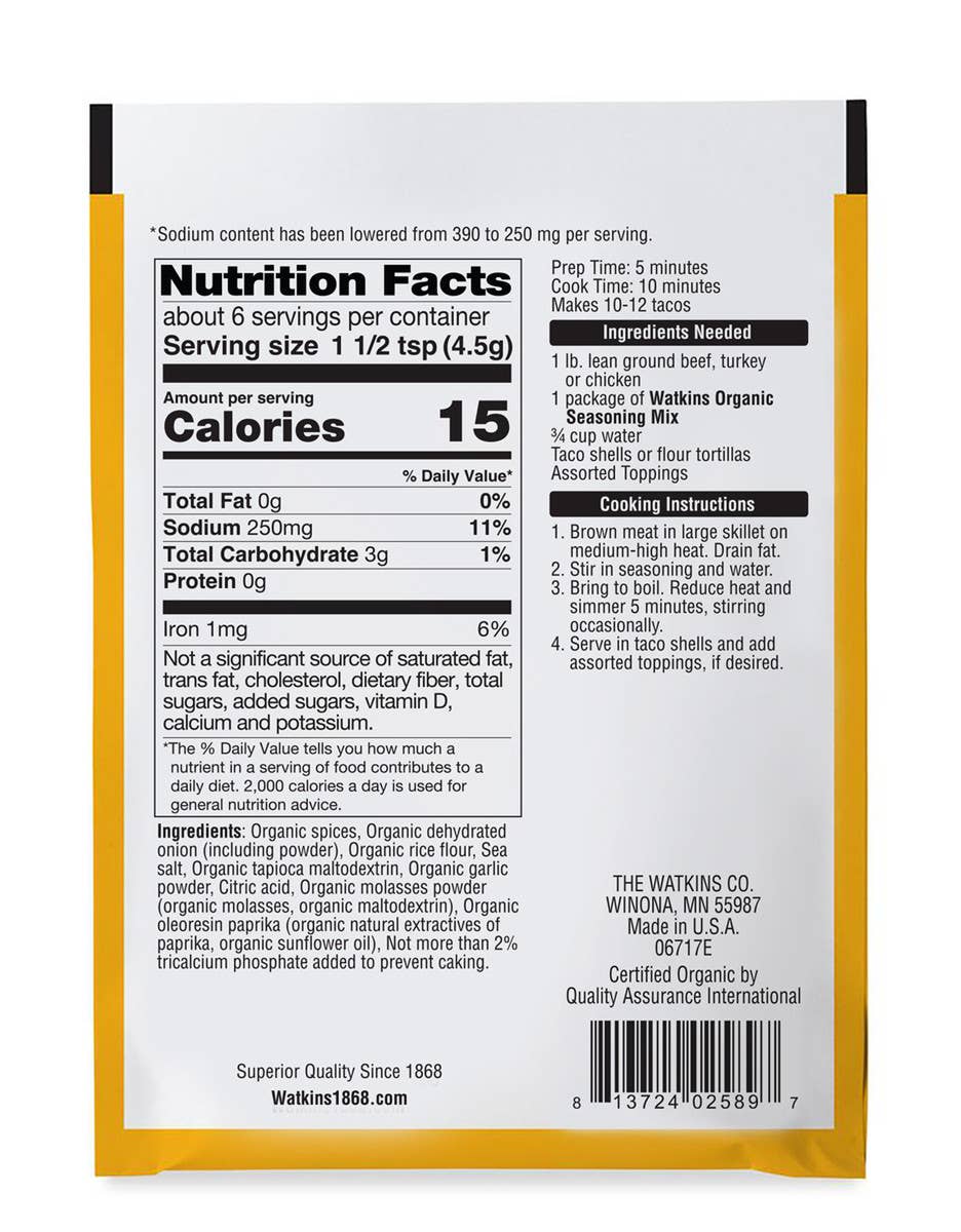 The Watkins Co. - Vente Mélanges d'épices séchées - Assaisonnement pour tacos biologique à teneur réduite en sodium, 1,0 oz1