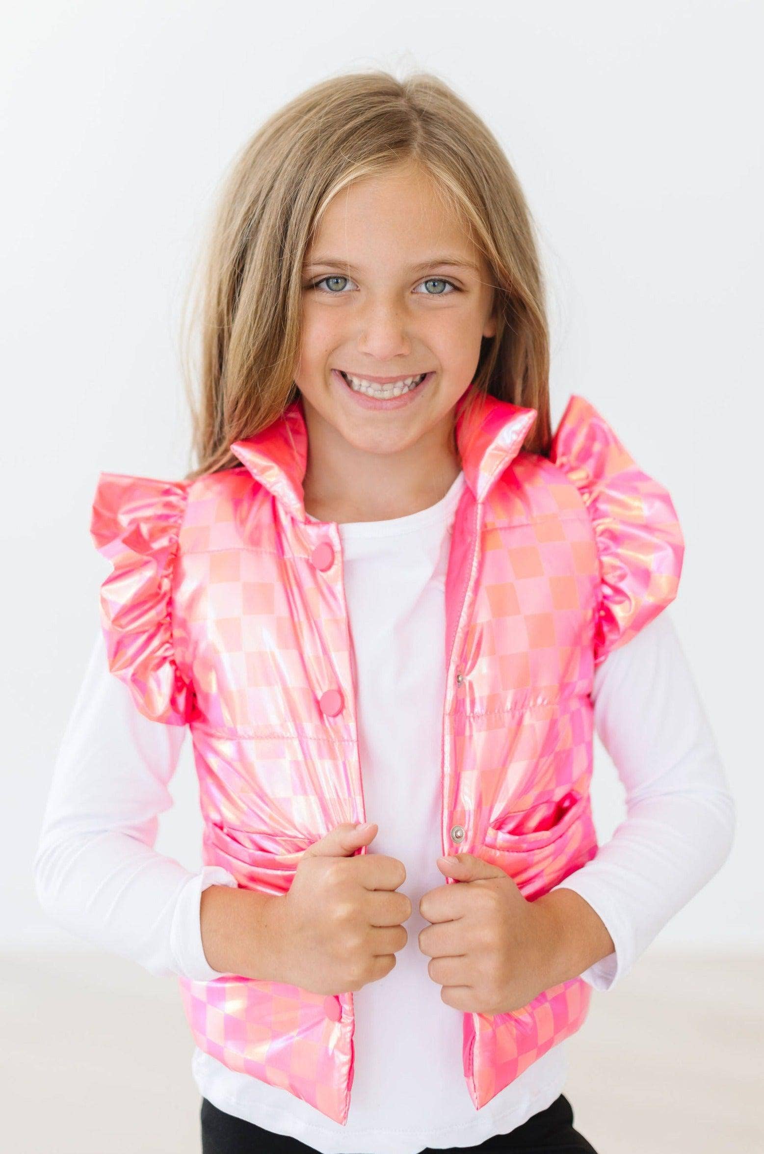 Mila & Rose - Wholesale Outerwear Vest - Kids - Neon Pink Checker Puffer Vest2