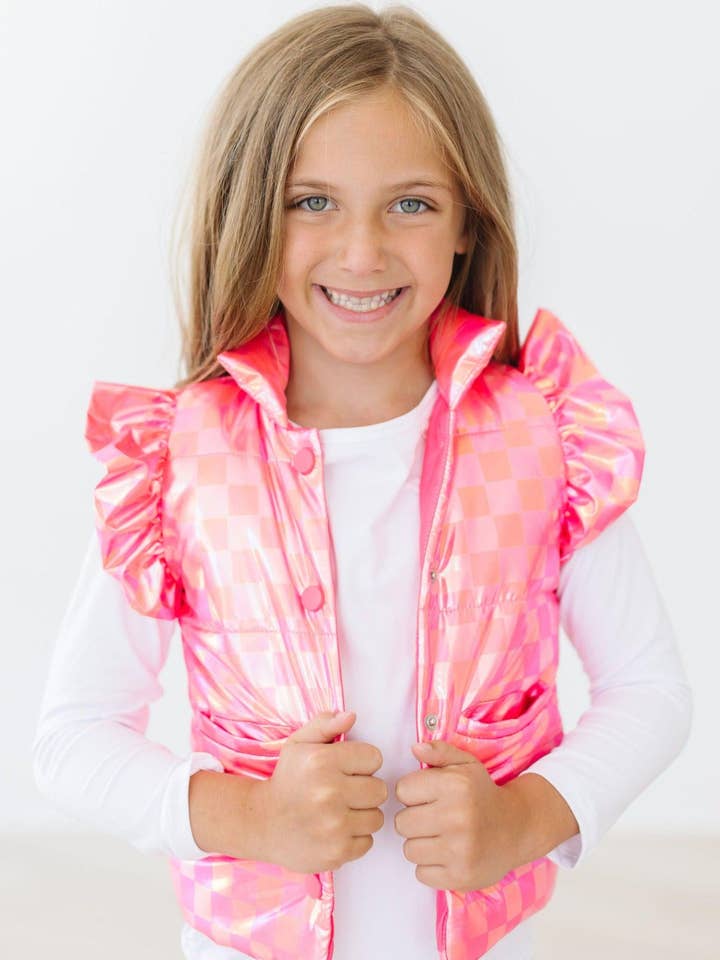 Mila & Rose - Wholesale Outerwear Vest - Kids - Neon Pink Checker Puffer Vest2