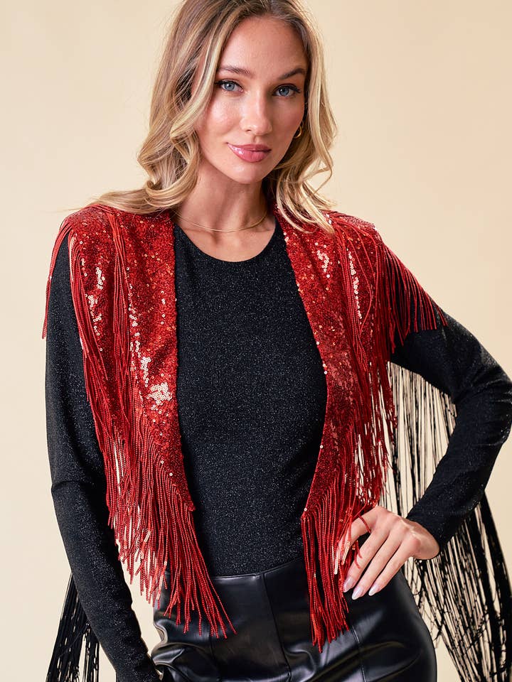 SIJ5270A RED FRINGE SEQUINS SHRUG - VALENTINES / FESTIVAL for wholesale by Saints & Hearts