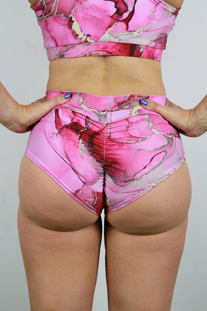 Pink Tutti Frutti Mid Waisted Brazil Scrunch Bum Shorts for wholesale on Faire2