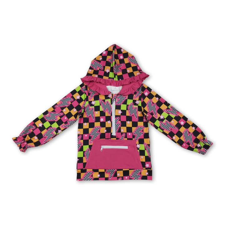 Hoodie à capuche zippée à carreaux à manches longues avec volants pour filles pour la vente par Yawoo Garments