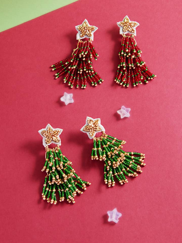 Christmas Star With Tree Seed Bead Post Earrings for wholesale by Designature New York