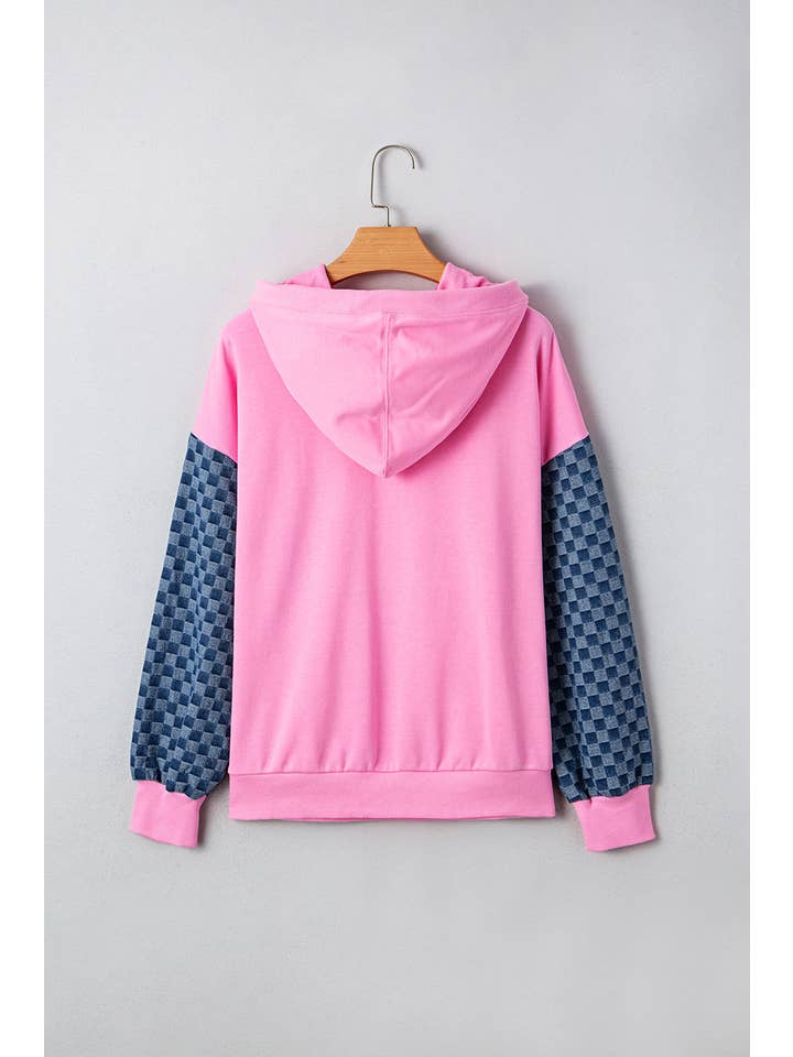 Bonbon Checker Patchwork Kangaroo Pocket Half-Zip Hoodie for wholesale on Faire5