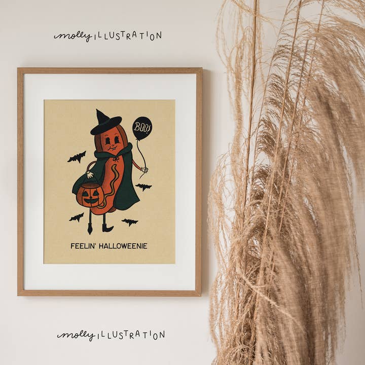 Feelin' Halloweenie Retro Style Hot Dog Halloween Decor Wall for wholesale by Molly Illustration