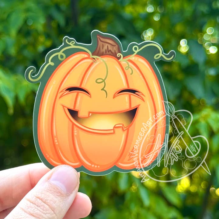 Smiling Jack O’ Lantern Sticker, 3”x 3” for wholesale by Amanda Vermeer Art