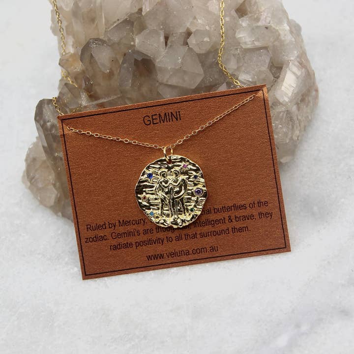 Gemini Golden Age Zodiac Pendant for wholesale by Veluna