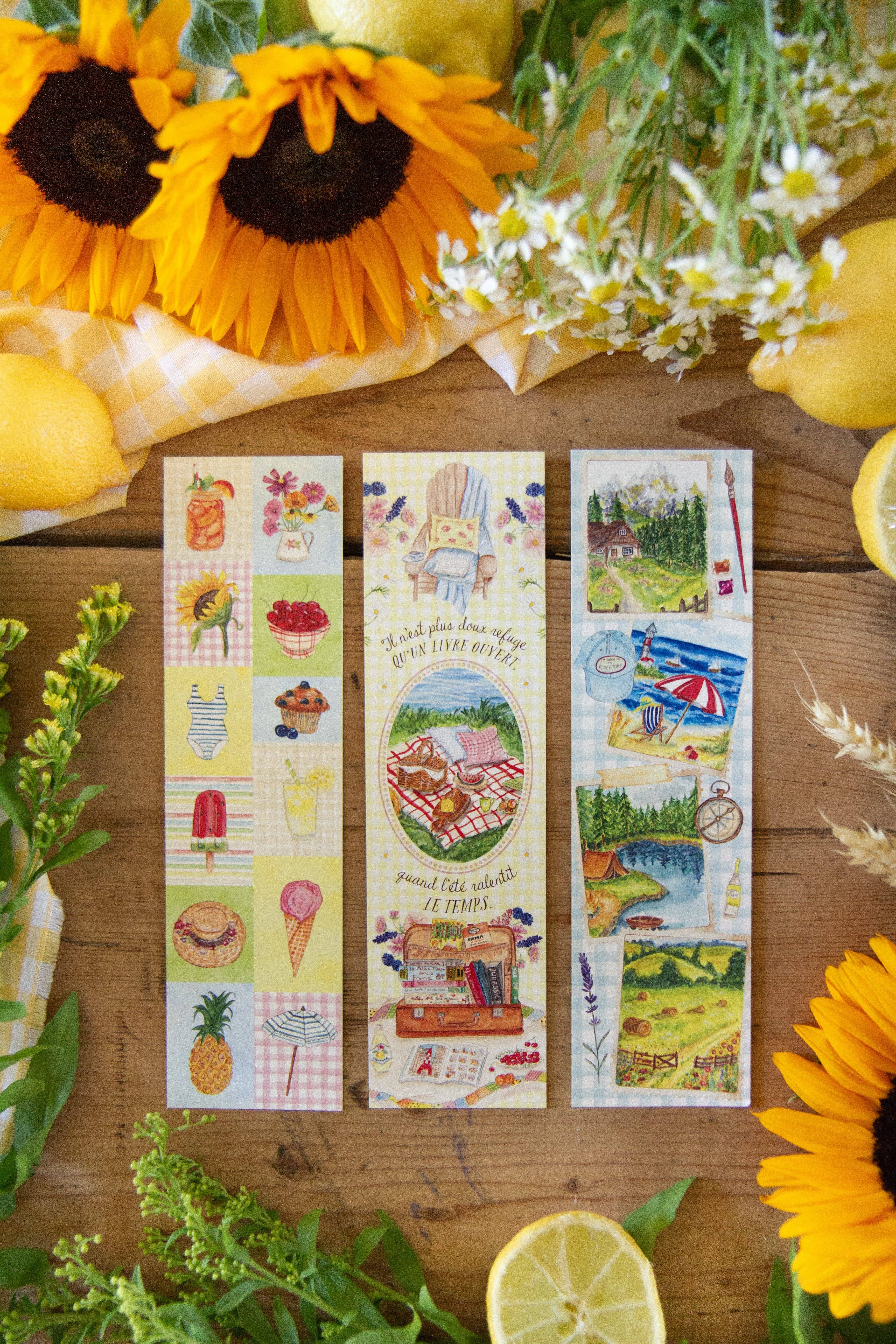 CAROFROMWOODLAND - Venta al por mayor Conjunto de papelería y tarjetas - Juego de 3 marcapáginas ilustrados de verano0