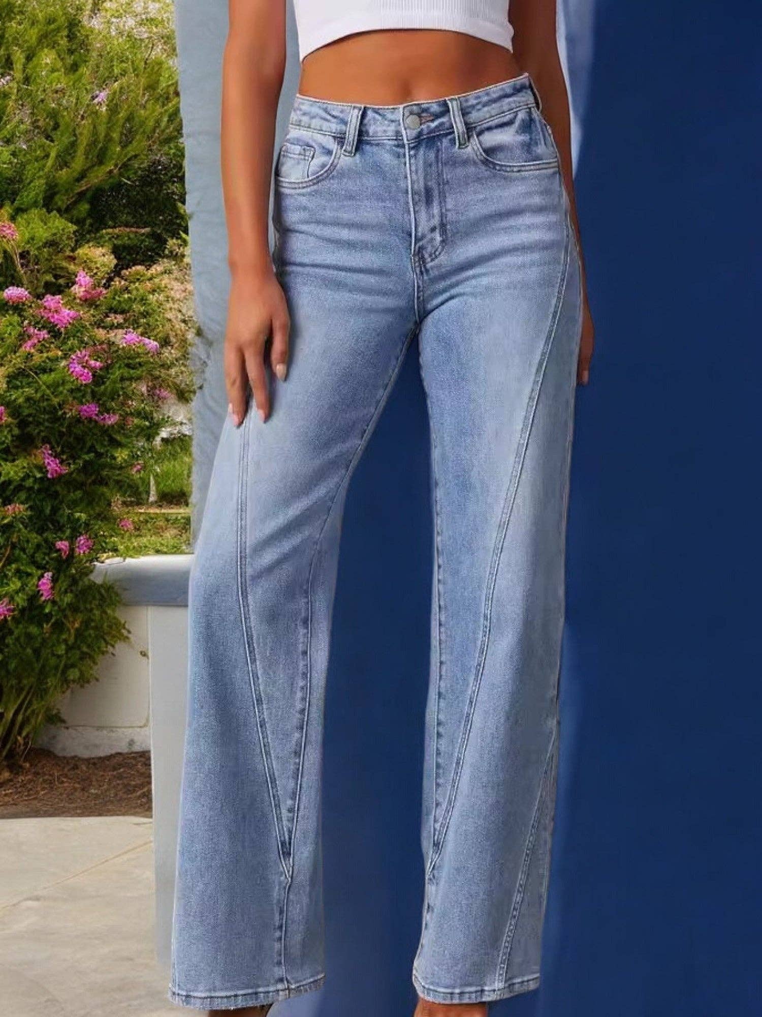 Blue Women's High Waist Wide Leg Jeans with Seaming Detail for wholesale on Faire2